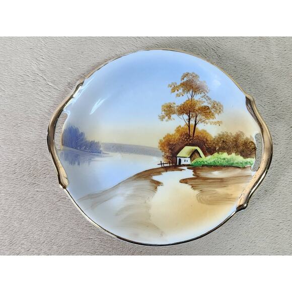 Nippon Bowl w/ Handle Cottage Landscape 7" Gold Trim 1891 - 1921 Hand Painted - Picture 1 of 13